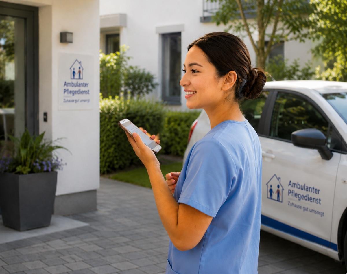 Pflegekraft eines ambulanten Pflegedienstes nutzt inlyte auf dem Smartphone